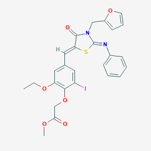 molecular formula C26H23IN2O6S B423663 methyl (2-ethoxy-4-{(Z)-[(2Z)-3-(furan-2-ylmethyl)-4-oxo-2-(phenylimino)-1,3-thiazolidin-5-ylidene]methyl}-6-iodophenoxy)acetate 