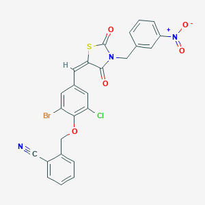 molecular formula C25H15BrClN3O5S B423667 2-({2-Bromo-6-chloro-4-[(3-{3-nitrobenzyl}-2,4-dioxo-1,3-thiazolidin-5-ylidene)methyl]phenoxy}methyl)benzonitrile 