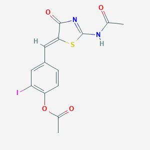 molecular formula C14H11IN2O4S B423669 4-{(Z)-[(2Z)-2-(acetylimino)-4-oxo-1,3-thiazolidin-5-ylidene]methyl}-2-iodophenyl acetate 