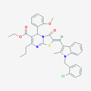 molecular formula C36H34ClN3O4S B423748 ethyl (2Z)-2-{[1-(2-chlorobenzyl)-2-methyl-1H-indol-3-yl]methylidene}-5-(2-methoxyphenyl)-3-oxo-7-propyl-2,3-dihydro-5H-[1,3]thiazolo[3,2-a]pyrimidine-6-carboxylate 