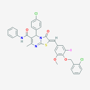 molecular formula C35H26Cl2IN3O4S B423750 2-{4-[(2-chlorobenzyl)oxy]-3-iodo-5-methoxybenzylidene}-5-(4-chlorophenyl)-7-methyl-3-oxo-N-phenyl-2,3-dihydro-5H-[1,3]thiazolo[3,2-a]pyrimidine-6-carboxamide 