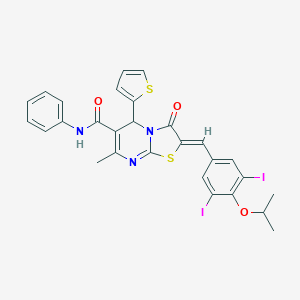 molecular formula C28H23I2N3O3S2 B423752 2-(3,5-diiodo-4-isopropoxybenzylidene)-7-methyl-3-oxo-N-phenyl-5-(2-thienyl)-2,3-dihydro-5H-[1,3]thiazolo[3,2-a]pyrimidine-6-carboxamide 