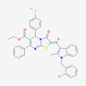 molecular formula C39H32ClN3O3S2 B423753 ethyl (2Z)-2-{[1-(2-chlorobenzyl)-2-methyl-1H-indol-3-yl]methylidene}-5-[4-(methylsulfanyl)phenyl]-3-oxo-7-phenyl-2,3-dihydro-5H-[1,3]thiazolo[3,2-a]pyrimidine-6-carboxylate 