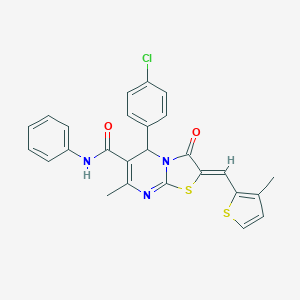 molecular formula C26H20ClN3O2S2 B423760 5-(4-chlorophenyl)-7-methyl-2-[(3-methyl-2-thienyl)methylene]-3-oxo-N-phenyl-2,3-dihydro-5H-[1,3]thiazolo[3,2-a]pyrimidine-6-carboxamide 