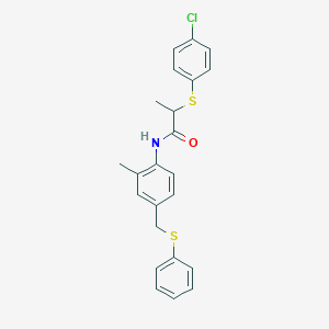 molecular formula C23H22ClNOS2 B423764 2-[(4-chlorophenyl)sulfanyl]-N-{2-methyl-4-[(phenylsulfanyl)methyl]phenyl}propanamide 