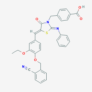 molecular formula C34H27N3O5S B423765 4-{[(2Z,5Z)-5-{4-[(2-cyanobenzyl)oxy]-3-ethoxybenzylidene}-4-oxo-2-(phenylimino)-1,3-thiazolidin-3-yl]methyl}benzoic acid 