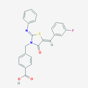 molecular formula C24H17FN2O3S B423772 4-{[(2Z,5Z)-5-(3-fluorobenzylidene)-4-oxo-2-(phenylimino)-1,3-thiazolidin-3-yl]methyl}benzoic acid 