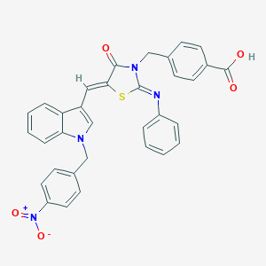 molecular formula C33H24N4O5S B423774 4-{[(2Z,5Z)-5-{[1-(4-nitrobenzyl)-1H-indol-3-yl]methylidene}-4-oxo-2-(phenylimino)-1,3-thiazolidin-3-yl]methyl}benzoic acid 
