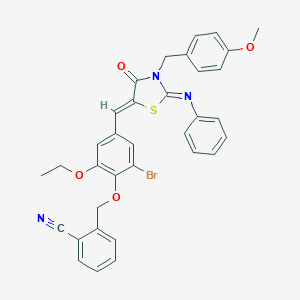 molecular formula C34H28BrN3O4S B423776 2-[(2-bromo-6-ethoxy-4-{(Z)-[(2E)-3-(4-methoxybenzyl)-4-oxo-2-(phenylimino)-1,3-thiazolidin-5-ylidene]methyl}phenoxy)methyl]benzonitrile 