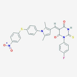 molecular formula C29H21FN4O4S2 B423777 (5Z)-5-[(2,5-dimethyl-1-{4-[(4-nitrophenyl)sulfanyl]phenyl}-1H-pyrrol-3-yl)methylidene]-1-(4-fluorophenyl)-2-thioxodihydropyrimidine-4,6(1H,5H)-dione 