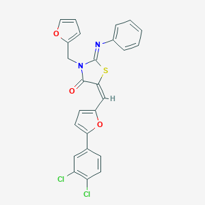molecular formula C25H16Cl2N2O3S B423778 5-{[5-(3,4-Dichlorophenyl)-2-furyl]methylene}-3-(2-furylmethyl)-2-(phenylimino)-1,3-thiazolidin-4-one 