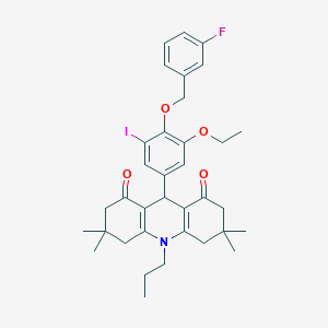 molecular formula C35H41FINO4 B423790 9-{3-ethoxy-4-[(3-fluorobenzyl)oxy]-5-iodophenyl}-3,3,6,6-tetramethyl-10-propyl-3,4,6,7,9,10-hexahydro-1,8(2H,5H)-acridinedione 