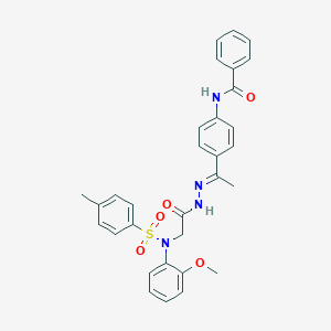 molecular formula C31H30N4O5S B423811 N-{4-[N-({2-methoxy[(4-methylphenyl)sulfonyl]anilino}acetyl)ethanehydrazonoyl]phenyl}benzamide 