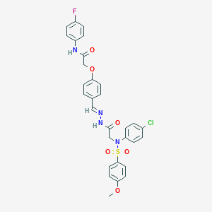 molecular formula C30H26ClFN4O6S B423823 2-{4-[2-({4-chloro[(4-methoxyphenyl)sulfonyl]anilino}acetyl)carbohydrazonoyl]phenoxy}-N-(4-fluorophenyl)acetamide 