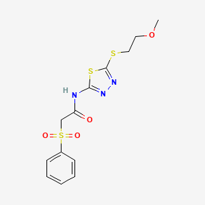 molecular formula C13H15N3O4S3 B4238277 N-{5-[(2-methoxyethyl)thio]-1,3,4-thiadiazol-2-yl}-2-(phenylsulfonyl)acetamide 