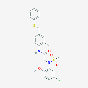 molecular formula C24H25ClN2O4S2 B423939 2-[5-chloro-2-methoxy(methylsulfonyl)anilino]-N-{2-methyl-4-[(phenylsulfanyl)methyl]phenyl}acetamide 