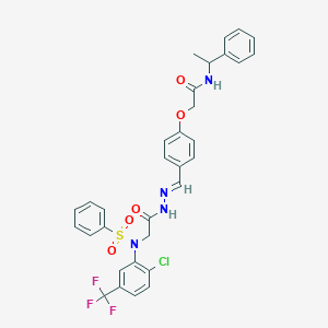 molecular formula C32H28ClF3N4O5S B423952 2-[4-(2-{[2-chloro(phenylsulfonyl)-5-(trifluoromethyl)anilino]acetyl}carbohydrazonoyl)phenoxy]-N-(1-phenylethyl)acetamide 