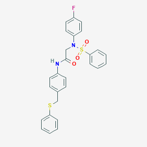 molecular formula C27H23FN2O3S2 B423955 2-[4-fluoro(phenylsulfonyl)anilino]-N-{4-[(phenylsulfanyl)methyl]phenyl}acetamide 