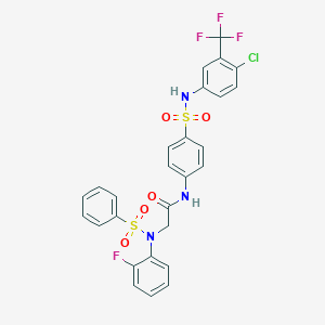 molecular formula C27H20ClF4N3O5S2 B423965 N-(4-{[4-chloro-3-(trifluoromethyl)anilino]sulfonyl}phenyl)-2-[2-fluoro(phenylsulfonyl)anilino]acetamide 