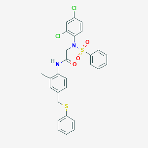 molecular formula C28H24Cl2N2O3S2 B423966 2-[2,4-dichloro(phenylsulfonyl)anilino]-N-{2-methyl-4-[(phenylsulfanyl)methyl]phenyl}acetamide 