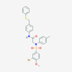 molecular formula C29H27BrN2O4S2 B423967 2-{[(3-bromo-4-methoxyphenyl)sulfonyl]-4-methylanilino}-N-{4-[(phenylsulfanyl)methyl]phenyl}acetamide 
