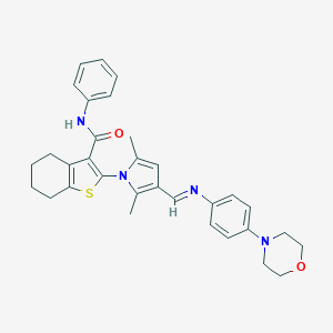 molecular formula C32H34N4O2S B424030 2-[2,5-dimethyl-3-[(4-morpholin-4-ylphenyl)iminomethyl]pyrrol-1-yl]-N-phenyl-4,5,6,7-tetrahydro-1-benzothiophene-3-carboxamide CAS No. 508185-02-2
