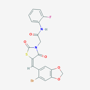 molecular formula C19H12BrFN2O5S B424033 2-{(5E)-5-[(6-bromo-1,3-benzodioxol-5-yl)methylidene]-2,4-dioxo-1,3-thiazolidin-3-yl}-N-(2-fluorophenyl)acetamide 