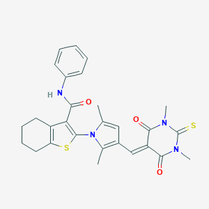 molecular formula C28H28N4O3S2 B424040 2-{3-[(1,3-dimethyl-4,6-dioxo-2-thioxotetrahydropyrimidin-5(2H)-ylidene)methyl]-2,5-dimethyl-1H-pyrrol-1-yl}-N-phenyl-4,5,6,7-tetrahydro-1-benzothiophene-3-carboxamide 