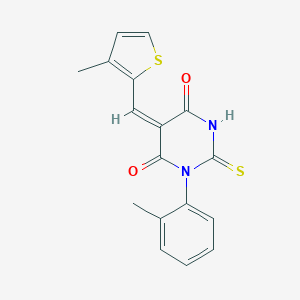 molecular formula C17H14N2O2S2 B424056 (5E)-1-(2-methylphenyl)-5-[(3-methylthiophen-2-yl)methylidene]-2-thioxodihydropyrimidine-4,6(1H,5H)-dione 