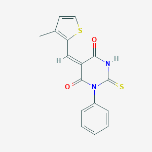 molecular formula C16H12N2O2S2 B424058 (5E)-5-[(3-methylthiophen-2-yl)methylidene]-1-phenyl-2-thioxodihydropyrimidine-4,6(1H,5H)-dione 