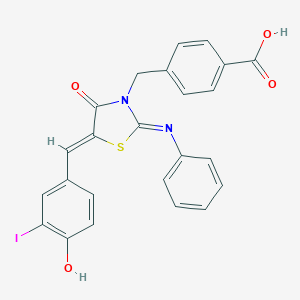 molecular formula C24H17IN2O4S B424077 4-{[5-(4-Hydroxy-3-iodobenzylidene)-4-oxo-2-(phenylimino)-1,3-thiazolidin-3-yl]methyl}benzoic acid 