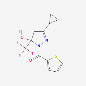 molecular formula C12H11F3N2O2S B4240891 [3-cyclopropyl-5-hydroxy-5-(trifluoromethyl)-4H-pyrazol-1-yl]-thiophen-2-ylmethanone 