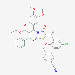 molecular formula C38H30ClN3O6S B424096 ethyl 2-{5-chloro-2-[(4-cyanobenzyl)oxy]benzylidene}-5-(3,4-dimethoxyphenyl)-3-oxo-7-phenyl-2,3-dihydro-5H-[1,3]thiazolo[3,2-a]pyrimidine-6-carboxylate 