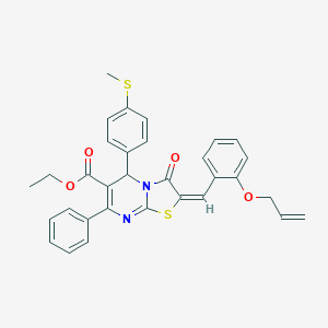 molecular formula C32H28N2O4S2 B424113 ethyl 2-[2-(allyloxy)benzylidene]-5-[4-(methylsulfanyl)phenyl]-3-oxo-7-phenyl-2,3-dihydro-5H-[1,3]thiazolo[3,2-a]pyrimidine-6-carboxylate 