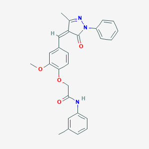 molecular formula C27H25N3O4 B424126 2-{2-methoxy-4-[(3-methyl-5-oxo-1-phenyl-1,5-dihydro-4H-pyrazol-4-ylidene)methyl]phenoxy}-N-(3-methylphenyl)acetamide 