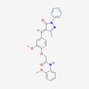molecular formula C27H25N3O5 B424128 2-{2-methoxy-4-[(3-methyl-5-oxo-1-phenyl-1,5-dihydro-4H-pyrazol-4-ylidene)methyl]phenoxy}-N-(2-methoxyphenyl)acetamide 