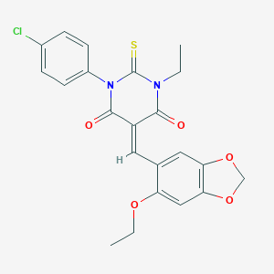 molecular formula C22H19ClN2O5S B424150 (5E)-1-(4-chlorophenyl)-5-[(6-ethoxy-1,3-benzodioxol-5-yl)methylidene]-3-ethyl-2-thioxodihydropyrimidine-4,6(1H,5H)-dione 