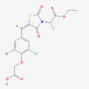 molecular formula C17H15BrClNO7S B424154 (2-bromo-6-chloro-4-{(E)-[3-(1-ethoxy-1-oxopropan-2-yl)-2,4-dioxo-1,3-thiazolidin-5-ylidene]methyl}phenoxy)acetic acid 