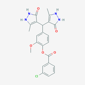 molecular formula C23H21ClN4O5 B424158 4-[bis(5-hydroxy-3-methyl-1H-pyrazol-4-yl)methyl]-2-methoxyphenyl 3-chlorobenzoate CAS No. 433966-48-4