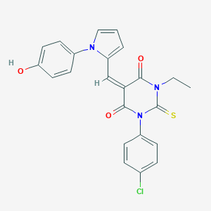 molecular formula C23H18ClN3O3S B424163 (5E)-1-(4-chlorophenyl)-3-ethyl-5-{[1-(4-hydroxyphenyl)-1H-pyrrol-2-yl]methylidene}-2-thioxodihydropyrimidine-4,6(1H,5H)-dione 