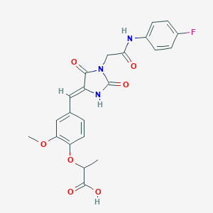 molecular formula C22H20FN3O7 B424167 2-{4-[(Z)-(1-{2-[(4-fluorophenyl)amino]-2-oxoethyl}-2,5-dioxoimidazolidin-4-ylidene)methyl]-2-methoxyphenoxy}propanoic acid 