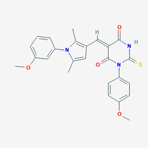molecular formula C25H23N3O4S B424168 1-(4-methoxyphenyl)-5-{[1-(3-methoxyphenyl)-2,5-dimethyl-1H-pyrrol-3-yl]methylene}-2-thioxodihydro-4,6(1H,5H)-pyrimidinedione 