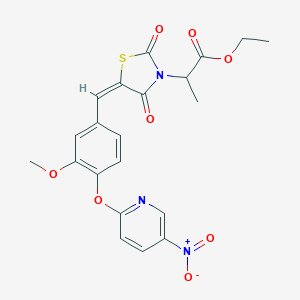 molecular formula C21H19N3O8S B424173 ethyl 2-[(5E)-5-{3-methoxy-4-[(5-nitropyridin-2-yl)oxy]benzylidene}-2,4-dioxo-1,3-thiazolidin-3-yl]propanoate 