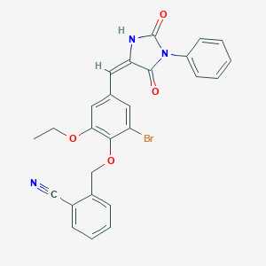 molecular formula C26H20BrN3O4 B424174 2-({2-Bromo-4-[(2,5-dioxo-1-phenylimidazolidin-4-ylidene)methyl]-6-ethoxyphenoxy}methyl)benzonitrile 