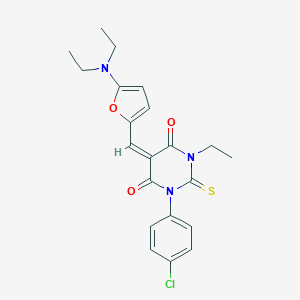 molecular formula C21H22ClN3O3S B424177 (5E)-1-(4-chlorophenyl)-5-{[5-(diethylamino)furan-2-yl]methylidene}-3-ethyl-2-thioxodihydropyrimidine-4,6(1H,5H)-dione 