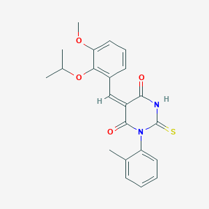 molecular formula C22H22N2O4S B424188 (5E)-5-[3-methoxy-2-(propan-2-yloxy)benzylidene]-1-(2-methylphenyl)-2-thioxodihydropyrimidine-4,6(1H,5H)-dione 