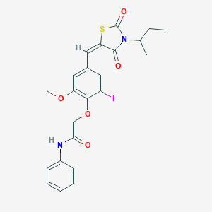 molecular formula C23H23IN2O5S B424202 2-(4-{(E)-[3-(butan-2-yl)-2,4-dioxo-1,3-thiazolidin-5-ylidene]methyl}-2-iodo-6-methoxyphenoxy)-N-phenylacetamide 