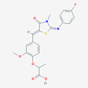 molecular formula C21H19FN2O5S B424216 2-[4-({2-[(4-Fluorophenyl)imino]-3-methyl-4-oxo-1,3-thiazolidin-5-ylidene}methyl)-2-methoxyphenoxy]propanoic acid 