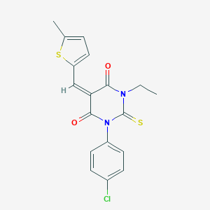 molecular formula C18H15ClN2O2S2 B424239 1-(4-chlorophenyl)-3-ethyl-5-[(5-methyl-2-thienyl)methylene]-2-thioxodihydro-4,6(1H,5H)-pyrimidinedione 