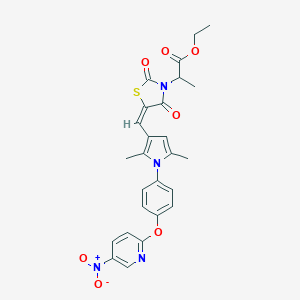 molecular formula C26H24N4O7S B424240 ethyl 2-[5-({1-[4-({5-nitro-2-pyridinyl}oxy)phenyl]-2,5-dimethyl-1H-pyrrol-3-yl}methylene)-2,4-dioxo-1,3-thiazolidin-3-yl]propanoate 